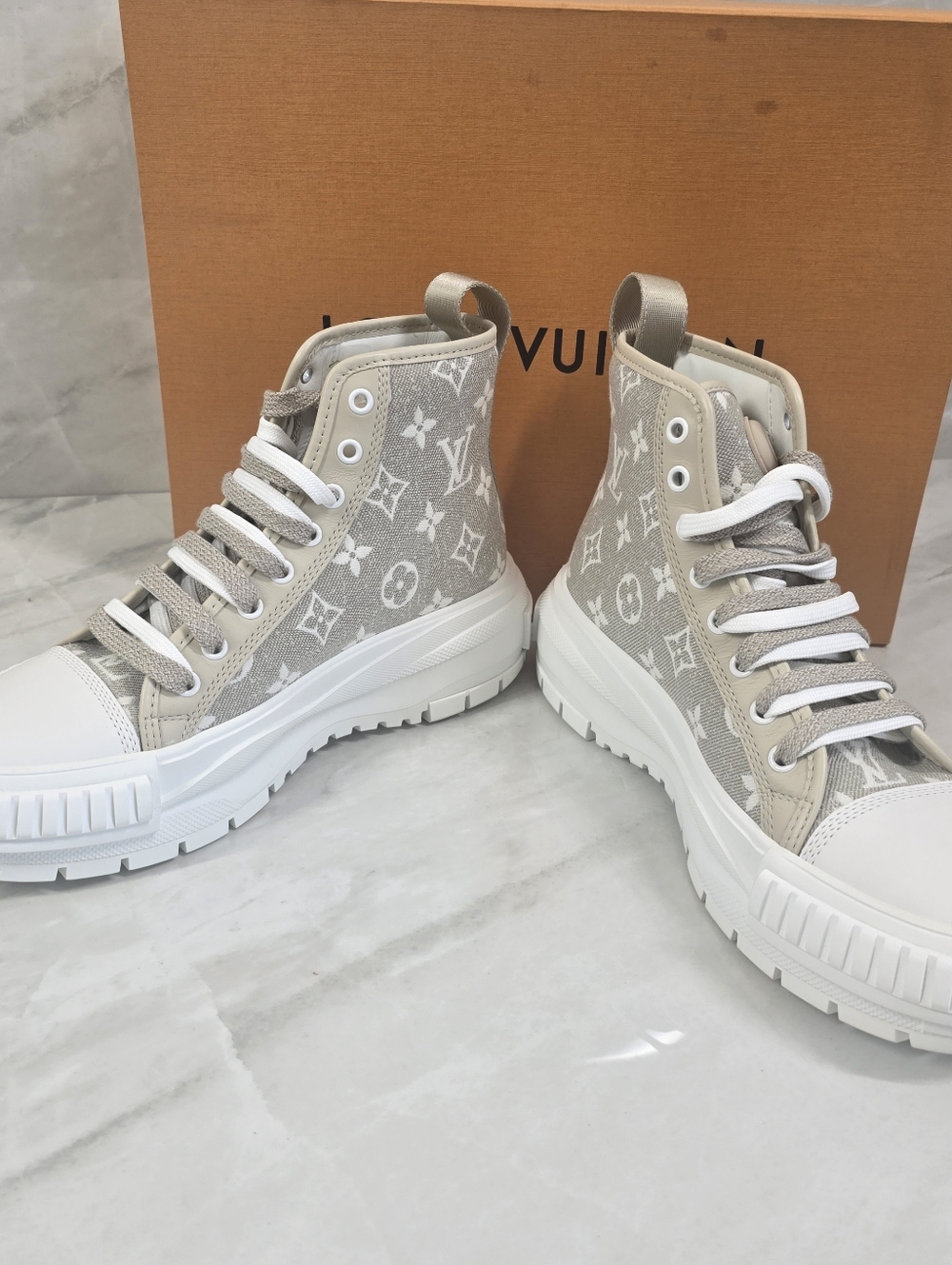 Louis Vuitton Beige Monogram High-Top Sneakers - Picture 4 of 12